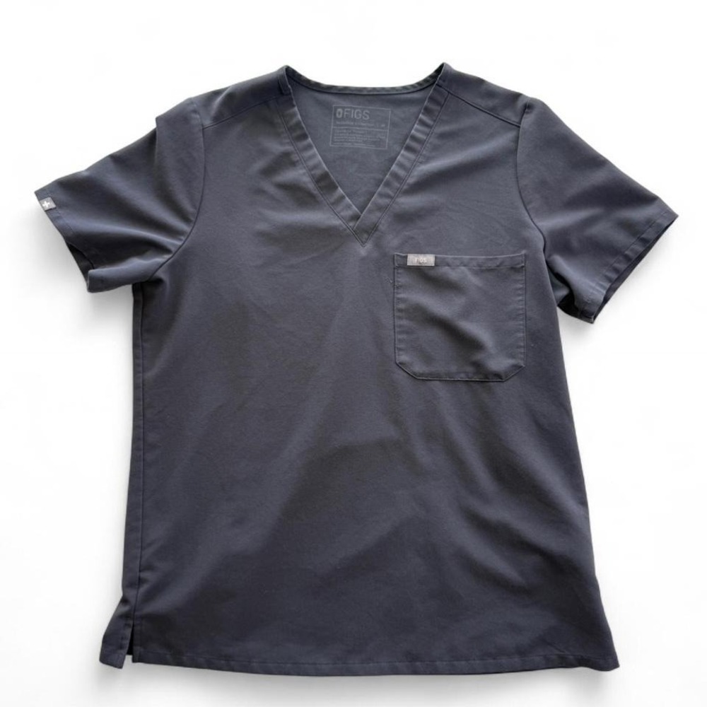 Women's FIGS Technical Collection V Neck Dark Grey Scrub Top with Front Pocket M